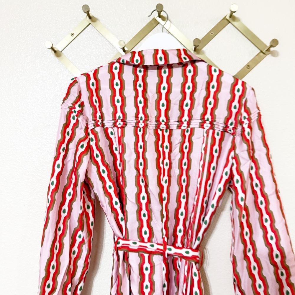 NWT Lisou Alina Silk Twill Pink Red Link Print Belted Button Front Shirt Dress - Picture 6 of 10